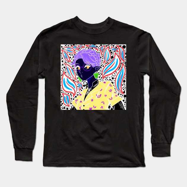 the demon witch girl in ecopop art with kawaii stars and leaves Long Sleeve T-Shirt by jorge_lebeau